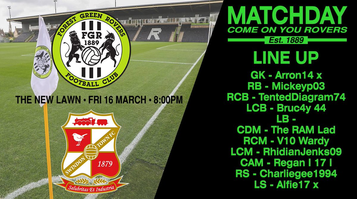 VFLForestGreen's tweet photo. Tonight's lineup for our game against Swindon. Yes, @Arron14X is in net. Don't ask why, 'mon the FGR.

@TheVFL_ https://t.co/wS9EBHTRbx