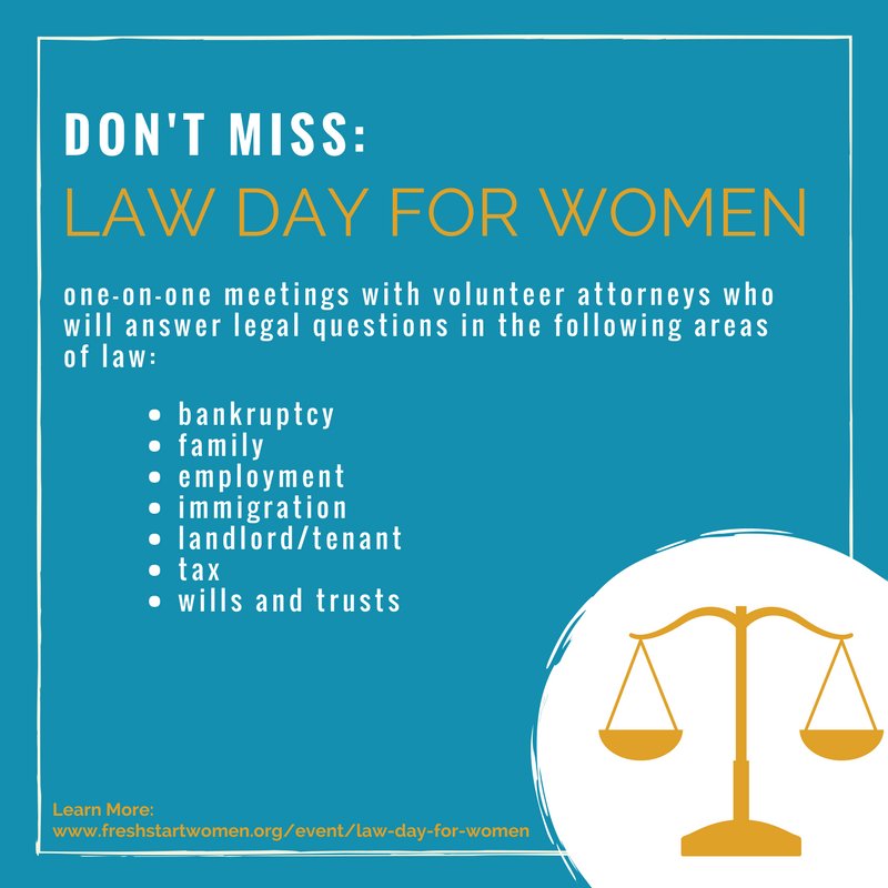 FreshStartWomen's tweet photo. Don't miss Law Day for Women. On April 7th, we will have one-on-one sessions available for you to get your legal questions answered. Register today: https://t.co/azZBe1wXyD

#LawDayforWomen #LegalAdvice #FreshStart https://t.co/HkWkh4rHzn