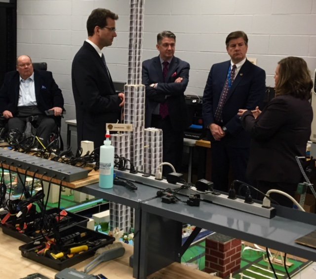 lcppresident's tweet photo. Members of the @LakeCtyPartners Board getting a fascinating tour of the @LCTechCampus #engineering labs which serve 75 students in #ProjectLeadTheWay #MadeInLakeCounty https://t.co/z1O7Z3VuRP