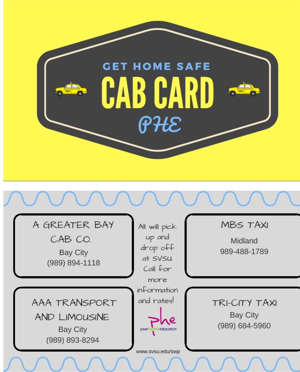 SVSU students!!! We are lucky to have the <a href="/SVSUNightline/">SVSU Nightline</a> to provide us with FREE transportation to various places around Saginaw. PLEASE take the nightline or call a cab if you plan on drinking and need to drive this St. Patty's day weekend!