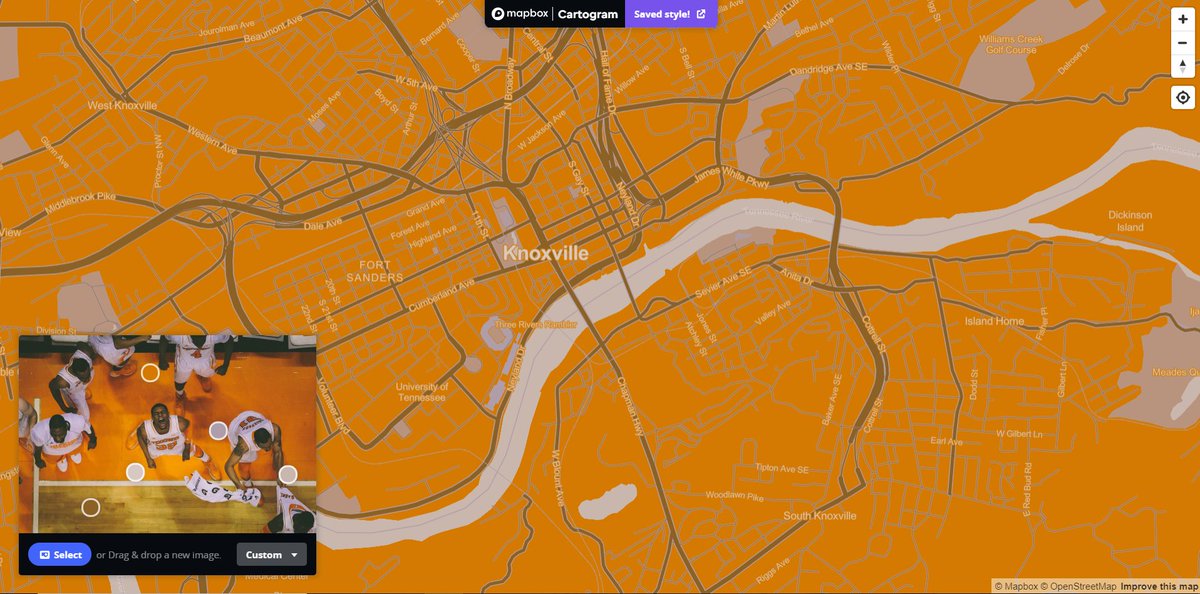 coltonjpaul's tweet photo. Something the Tennessee Vols and I have in common? We're both painting the map orange this month! Go Vols!
#mapmadness18 @Mapbox 
 
Style: https://t.co/WDqfgPIZxj
Photo Credits: Thanks Steven Worster! https://t.co/SDyTRl8lZb