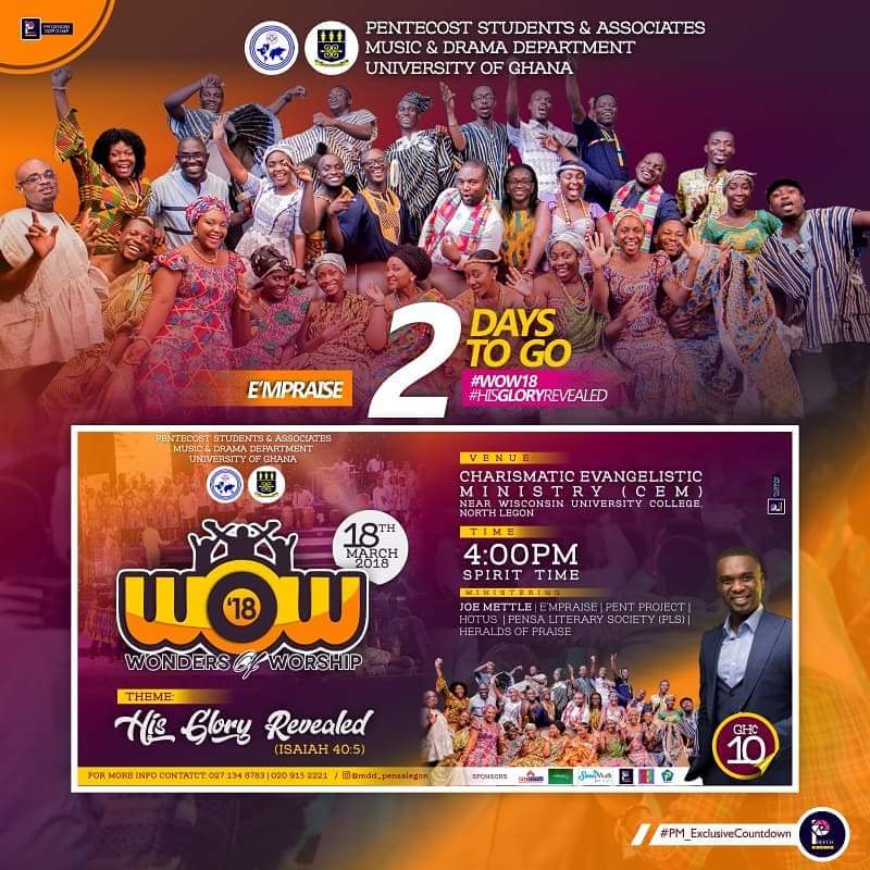 GospelGh's tweet photo. #gghcountdown
2 DAYS TO GO
WOW '18
Theme: His Glory Revealed (Isaiah 40:5)
📅 18th March, 2018
🕓 4pm Spirit time
⛪ Charismatic Evangelistic Ministry (CEM)
#GospelGh https://t.co/yBPuRKGjTs