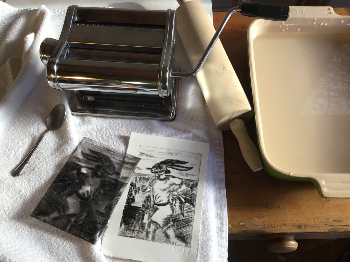 Tonight I will be serving An Acrylic Drypoint Etching  made on a ten quid pasta machine and a wooden rolling pin.