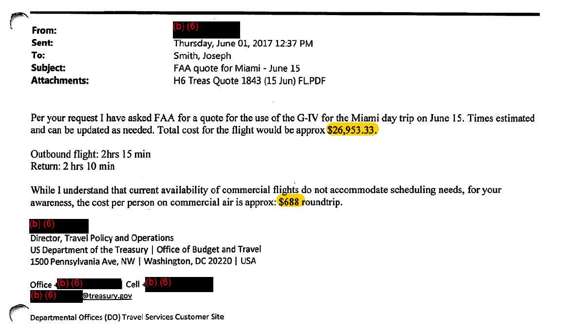 Steve Mnuchin’s office was told that a commercial flight to Miami wold cost $688 per person while a government flight would cost a total of $26,953.33. Mnuchin took a military flight that cost $45,136. #SunshineWeek