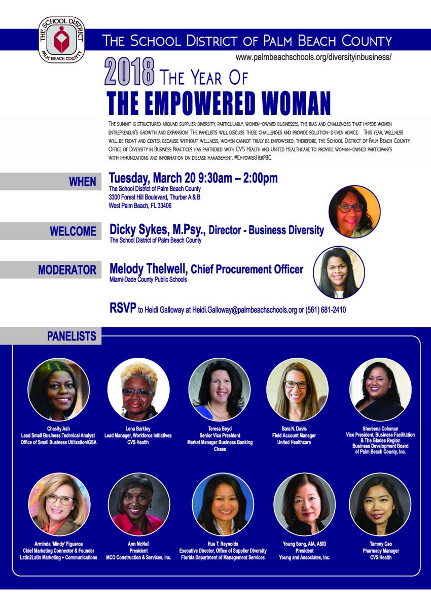 MDCPS's tweet photo. @MDCPS’ Chief Procurement Officer Melody Thelwell will be at @pbcsd moderating a panel of women entrepreneurs at 2018 The Year of the Empowered Woman event. #MDCPSinspires @MDCPS_Procure https://t.co/IGeuqcHTkH