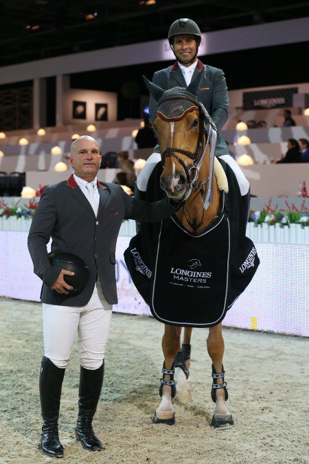 GandCFarm's tweet photo. In honor of all the spectacular horses and riders we have worked with at #GandCFarm, we're looking back at our best moments! This one comes from the 2015 @LonginesMasters of Paris when @Gusmirabal congratulated Luis Miguel Martinez and G&amp;C Fredo LS on a victory. #GandCproud https://t.co/ks6pIIuuYm