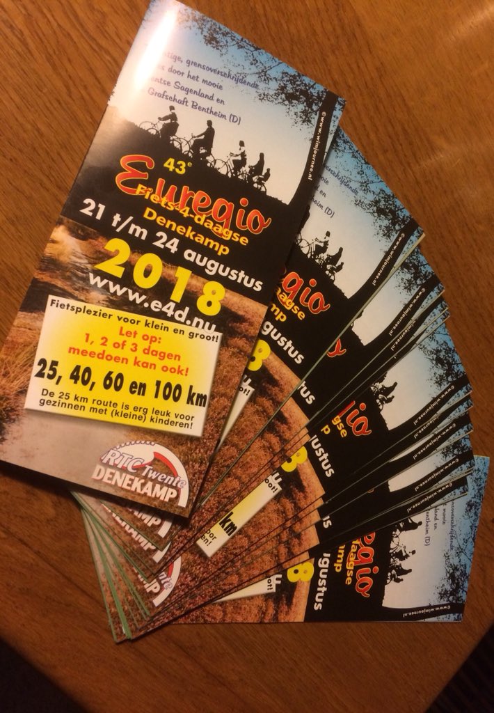 De folders zijn binnen! Euregio fiets4daagse 21 tm 24 aug 2018 te Denekamp. 25,40,60,100km