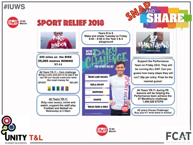 #SNAPandSHARE was all about @sportreliefsch this morning <a href="/UnityBlackpool/">Unity Academy</a> highlighting a variety of ways to get whole school involvement #IUWS Thanks to Helen Walsh for sharing.