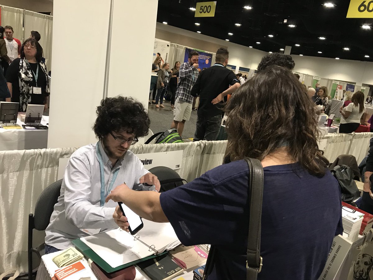MissReviewMag's tweet image. MR 45.3 contributor @natalieshapero signing up for a subscription last week at #AWP2018 with Assistant Editor @tadasborne. Thanks, Natalie!