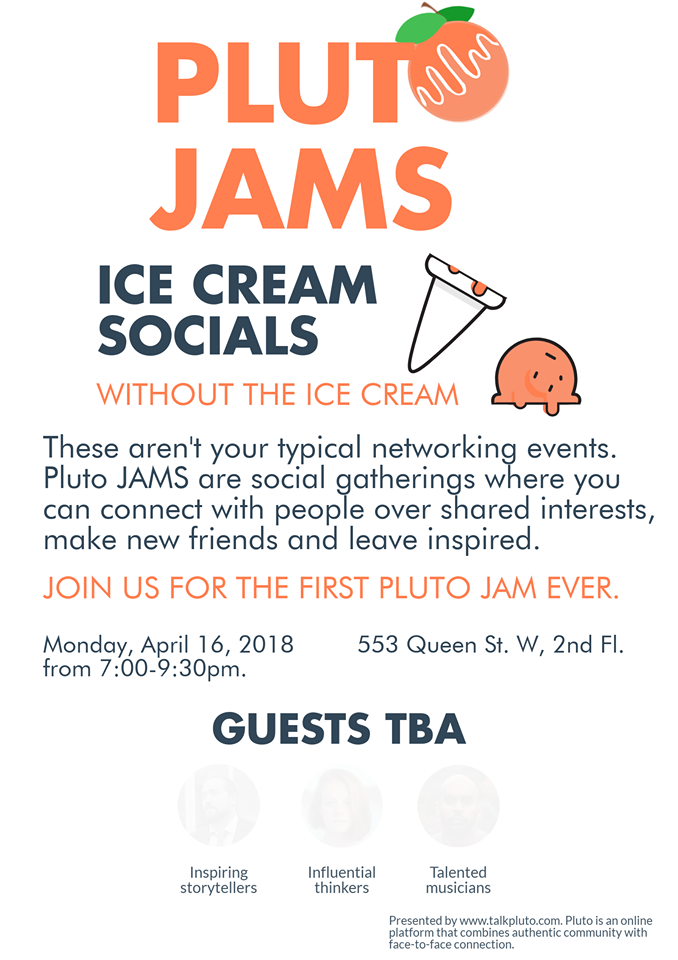 TalkPluto's tweet image. We’re creating a space where strangers become friends, where people can have conversations about anything and everything. 

Get inspired and connected at our first Pluto JAM. It's not so hard to meet new people: meetup.com/Pluto-JAMS-wit…