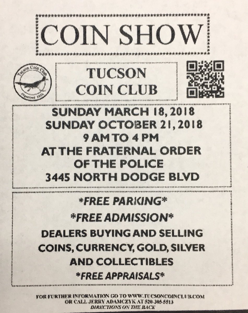 We’ll be at the Tucson Coin Club Coin Show on Sunday. 

#tucson #coinshow