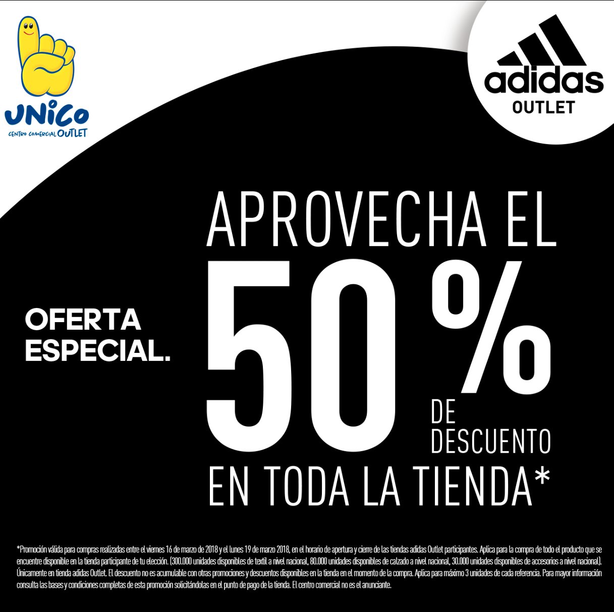 UNICO Outlet op Twitter: "¡ADIDAS con el 50 % de descuento en toda la tienda!  🤩🤩🤩Ven a nuestros puntos Adidas y no te quedes sin tus compras en  nuestro #Trasnochón #UNICO https://t.co/xMoNUj8hoL" /