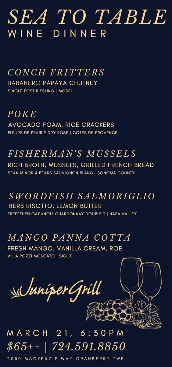 junipergrill's tweet photo. 3/21 a catch of a wine dinner is happening at Juniper Grill in Cranberry! https://t.co/laLgBw2YWm