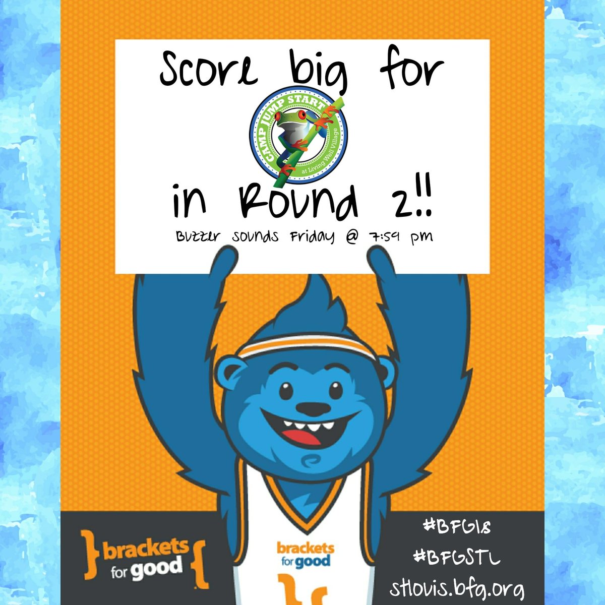 CampJumpStart's tweet photo. Score big for @CampJumpStart in Round 2 of the @BracketsForGood Tournament!! Buzzer sounds tonight at 7:59 pm!! 🏀
https://t.co/uBprY64jsf
#BFG18 #BFGSTL #CompetitiveGiving #FundraisingMadness https://t.co/njCuBCyulM