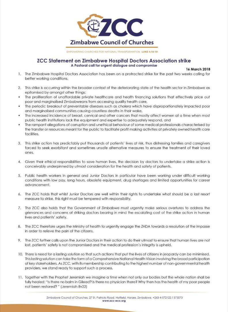 ZCTU, Churches and Civil Society groups pile on pressure for government to resolve doctors strike. Right to health under threat in Zimbabwe!