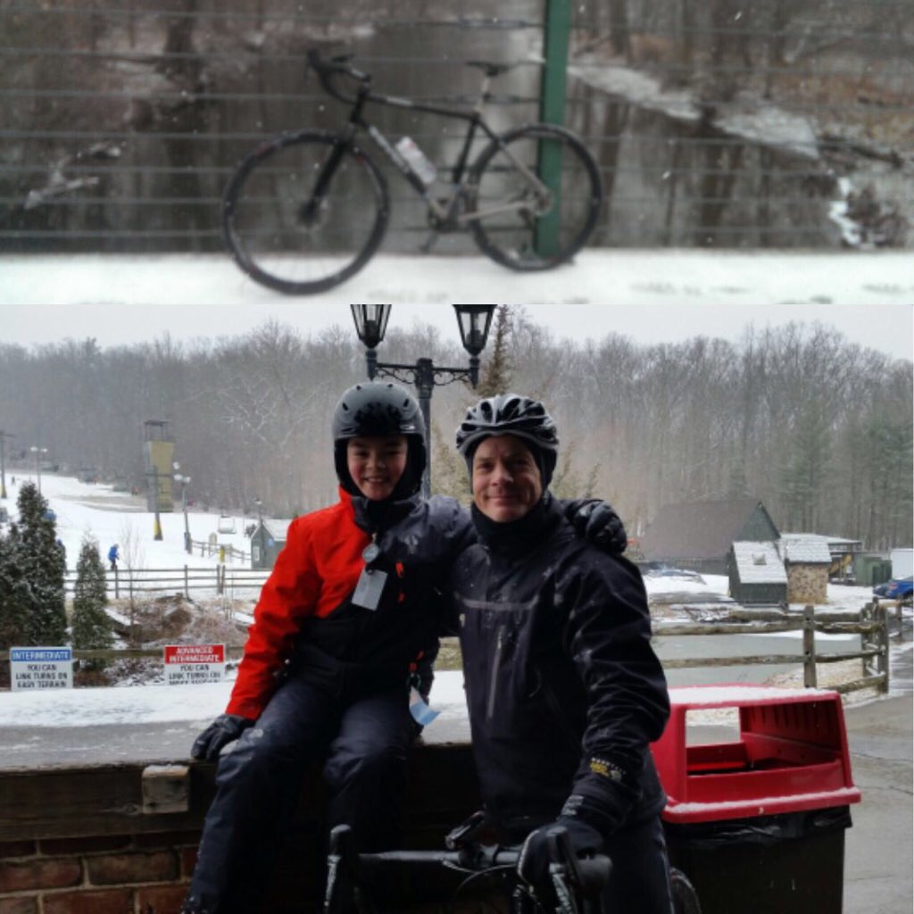 IVBikeworks's tweet photo. A montage from another snow ride this winter. Our Service Manage Jeff out for a snowy #groad ride on a @sevencycles Evergreen, with a stop along the way to see his snow boarding son at Spring Mount! #gravelbike #gravelgrinder #sevencycles #evergreen #ivbikeworks https://t.co/6bBaOmdFfL