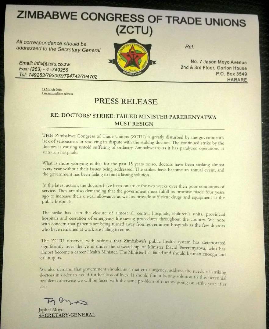 ZCTU, Churches and Civil Society groups pile on pressure for government to resolve doctors strike. Right to health under threat in Zimbabwe