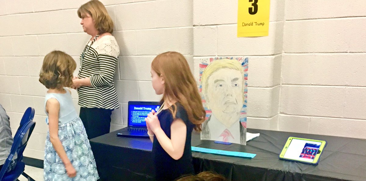 vance_whitney's tweet photo. Some of my 2nd graders chose to research our President for the Famous People PTO Program @NorthCoveElem...They drew the portrait of @realDonaldTrump all by themselves. https://t.co/2gtRkpN2e8
