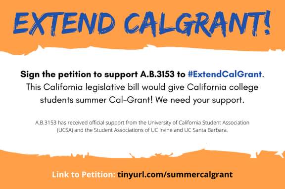 SALagunas's tweet photo. Join the fight to pass California legislative bill #AB3153 to #ExtendCalGrant for summer! #signthepetition @ucsantabarbara @_UCSA https://t.co/xqdhLzjYpt