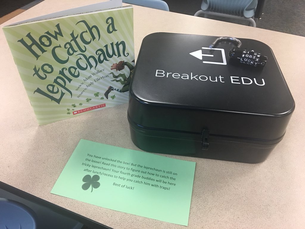 MsMitchell04's tweet photo. When a sneaky leprechaun left a clue with a box in our classroom, the rest was history! They are OBSESSED with @breakoutEDU boxes! #iteachk #iteachkindergarten #kindergarten @breakoutEDUchat #rcpssuccess https://t.co/Y5QVO8h5ck