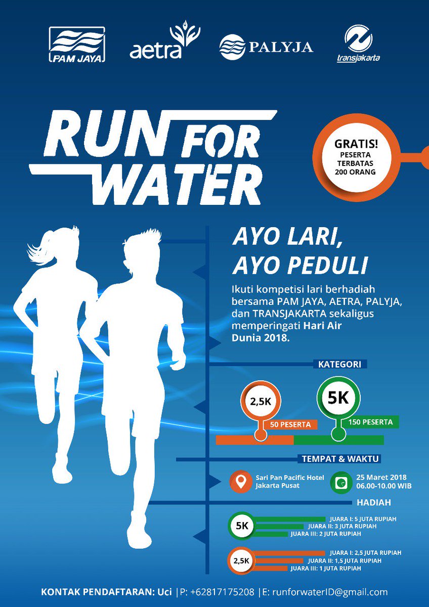 Ikutan RUN FOR WATER (25/3) yuk, bersama2 kita peringati Hari Air Dunia 2018, info: 0817175208 atau runforwaterID@gmail.com #runforwater #infoacaraLari #funrun #Indonesia #HariAir2018
