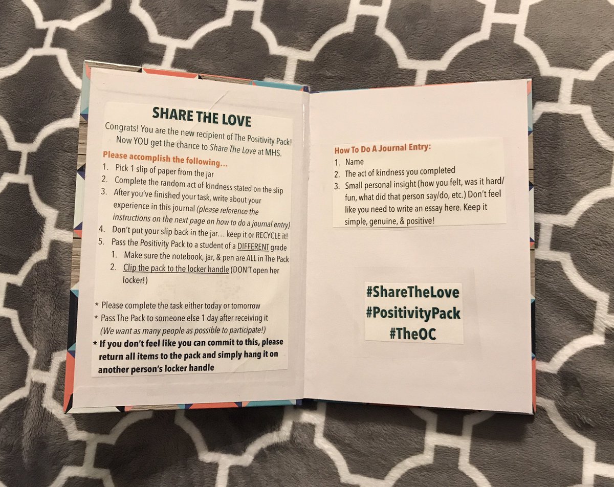 MHS_TheOC's tweet photo. Keep an eye out for the Positivity Pack in the MHS halls! The OC would love all of you to participate, show some kindness, &amp; keep spreading those #PositiveVibes
#ShareTheLove https://t.co/P69b2H65Yk