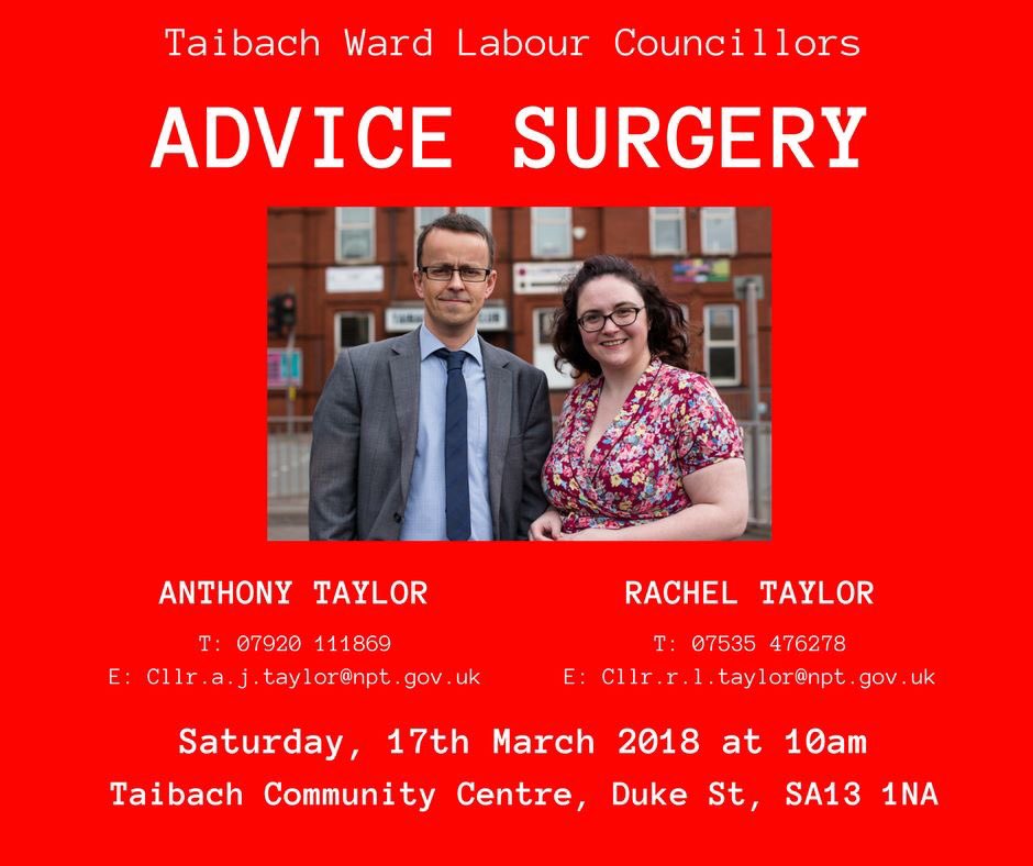 Tomorrow morning, our local councillors in Taibach will be holding an advice surgery in Taibach Community Centre at 10am. Pop in for a chat if you have anything that you would like to raise with them.