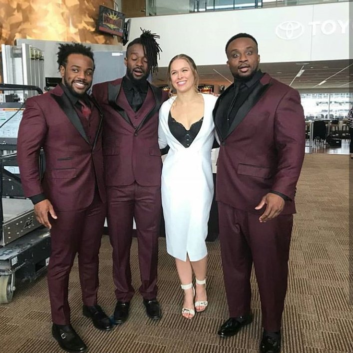 RemainsInsolent's tweet photo. First #Wrestlemania conference as a WWE Superstar with these boys! Happy to be apart of such a honorable event. #NewJersey I hope you're excited because we are coming to you next year! PS (What is wrong is Kofi's hair?) 😂  #RowdyStyle #NewDaysRocks 👏 https://t.co/VSnZbF5Cr3