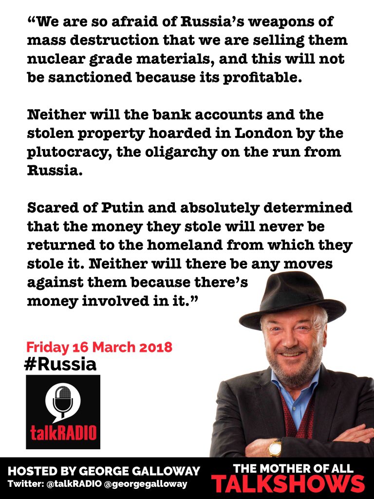 “We are so afraid of Russia’s weapons of mass destruction that we are selling them nuclear grade materials, and this will not be sanctioned because its profitable. 

Neither will the bank accounts and the stolen property hoarded in London by the plutocracy on the run from Russia”