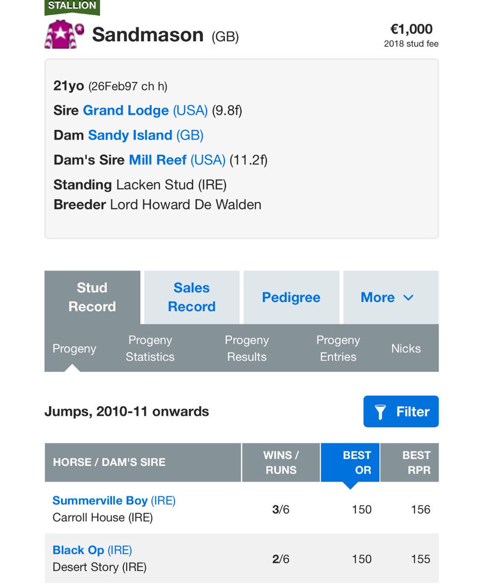 1doublehandful's tweet photo. #Sandmason has to be a rather good value stallion at €1,000. Not a bad pair of performers listed here👍🏼 #Cheltenham https://t.co/D7v9ad9hG7