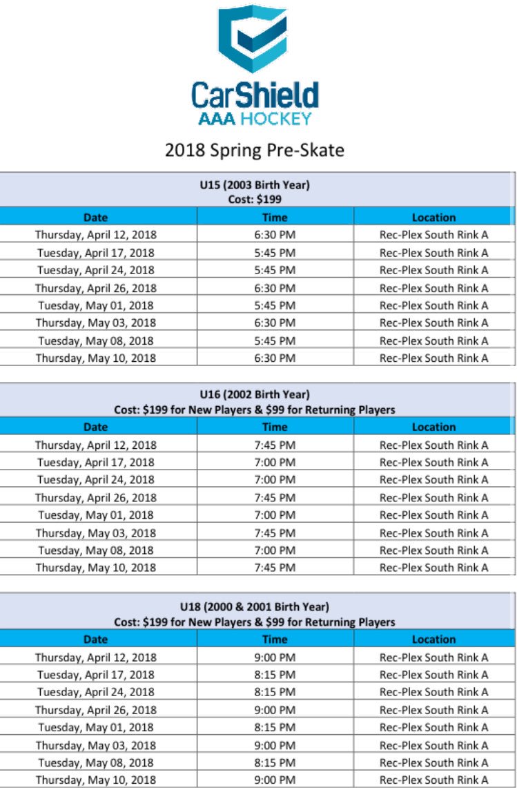 Carshield AAA Hockey on Twitter "CarShield Spring Pre Skate dates have