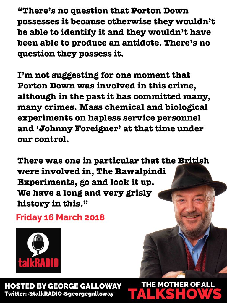 “I’m not suggesting for one moment that Porton Down was involved in this crime, although in the past it has committed many, many crimes. 

Mass chemical and biological experiments on hapless service personnel and ‘Johnny Foreigner’ at that time under our control.” @talkRADIO