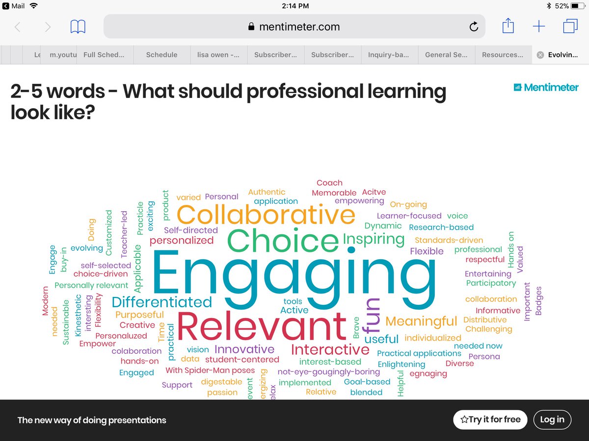 lisasbsd's tweet image. What should professional learning look like...a poll @ Evolving Learner session on menti.com  #CUE2018 #EvolvingLearner #sbsdedu