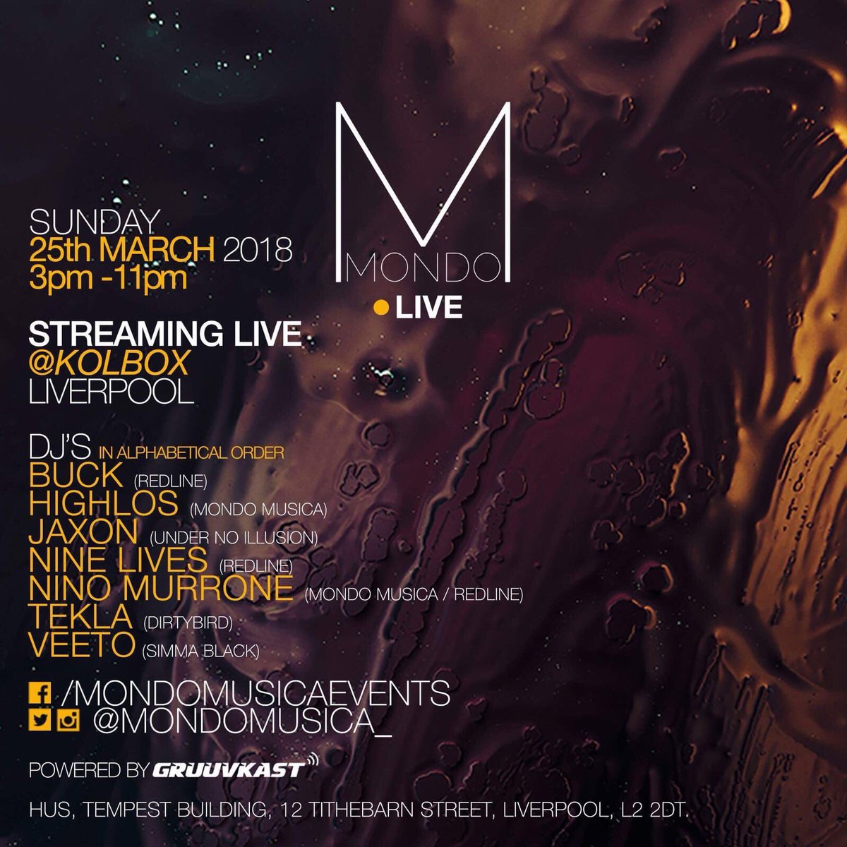 ***MONDO LIVE***
<a href="/mondomusica__/">Mondo</a> 

***SPACES ARE LIMITED

Streaming live from KOL BOX (<a href="/husliverpool/">husliverpool</a>)

***FREE PARTY***

Sun 25th March 
3pm - 11pm

DJs
@itsbuckmusic 
<a href="/highlos_/">Highlos</a>
<a href="/SoundsofJaxon/">Jaxon</a>
<a href="/Nin9Lives_/">Nine Lives</a>
<a href="/NinoMurrone/">Nino Murrone</a>
@TEKLATRAX
<a href="/Veeto_Music/">Veeto</a>

#Techno #TechHouse #Liverpool