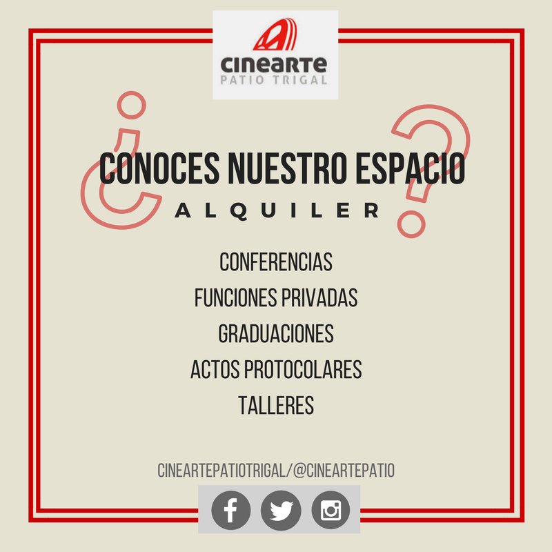 cineartepatio's tweet photo. Estás planeando un foro o taller, tienes un lugar para realizarlo? Ven a Cine Arte Patio Trigal  y conoce este maravilloso espacio. Escríbenos a cineartepatio@hotmail.es https://t.co/aW2IfgyuGr