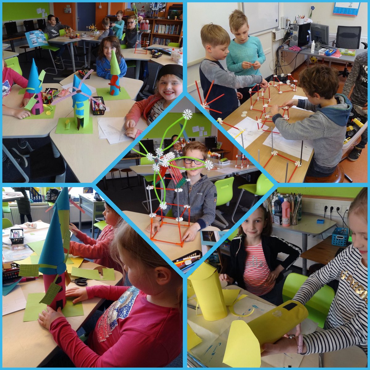 Juf Marleen PABO student is tot de zomervakantie elke dinsdag in groep 4/5. 
Vanochtend gaf ze een les over molens. Vanmiddag moesten de kinderen er ééntje maken.
Ze mochten kiezen uit een rosmolen, watermolen of windmolen.