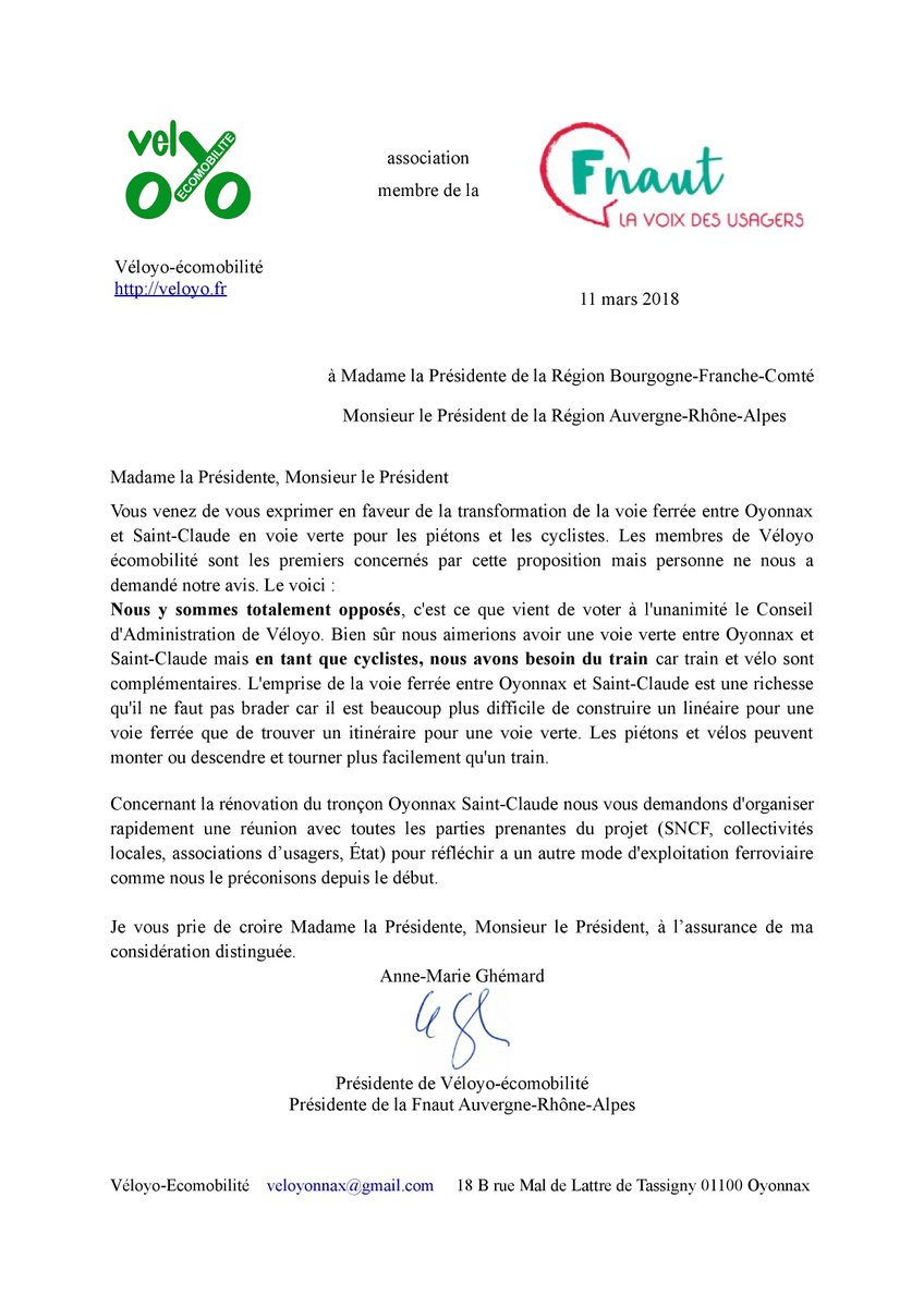 Bonjour à tous,
Retrouvez ci-joint le courrier de l'association membre Veloyo aux deux présidents des régions Bourgogne-Franche-Comté et Auvergne-Rhône-Alpes.