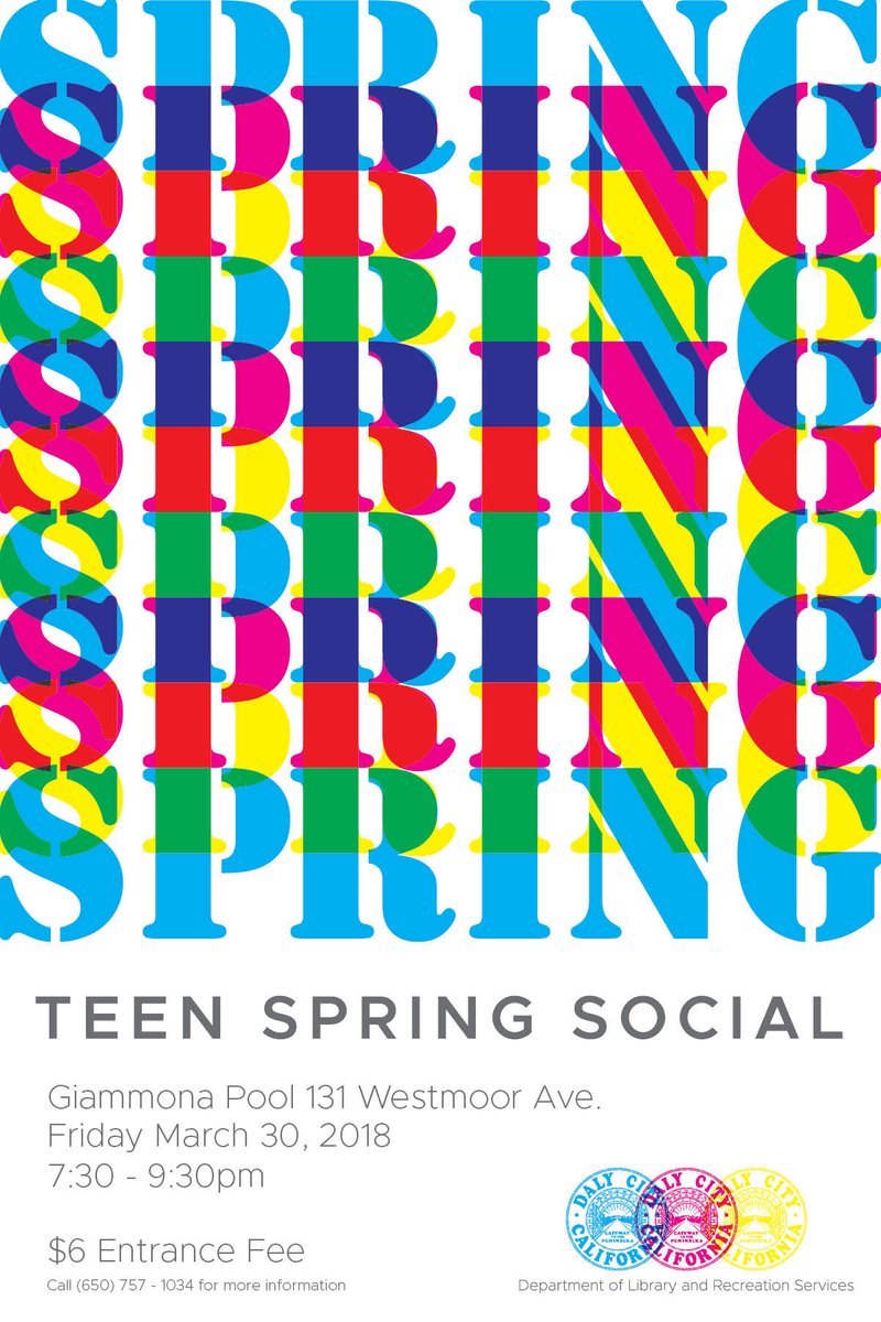 DalyCityRec's tweet photo. Two weeks away! Come to the Teen Spring Social at Giammona Pool on Friday, March 30 from 7:30pm-9:30pm. There will be recreational swim, music, and concessions. $6 entrance fee. Bring all your friends! https://t.co/ne9vDdaEWz