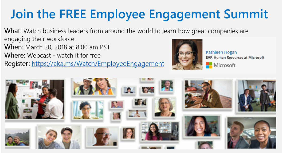 SharePoint's tweet photo. [Webinar] Register now to watch how technology can drive employee engagement with #Microsoft HR EVP Kathleen Hogan, @nmoneypenny, @KFCAustralia, @MDLZ,  @jwarnke, @TSB, and other experts. https://t.co/Qnt5dhF2Xx … #EngagementSummit https://t.co/FOMxOQwxQw