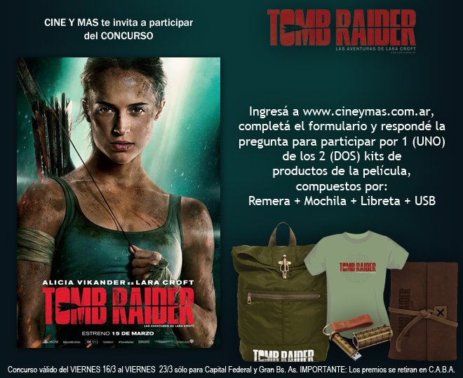 cineymas's tweet photo. #Concurso #Sorteo ::: #TombRaider: Las Aventuras de Lara Croft. 👉 Ingresá a https://t.co/5kiJ9RBLLe y completá el formulario. ¡Compartí esta imagen en tu perfil público en Facebook, sumate a nuestra fan page y en Twitter, seguinos y danos RT! ¡También en Instagram! https://t.co/bMzGmIvKcV