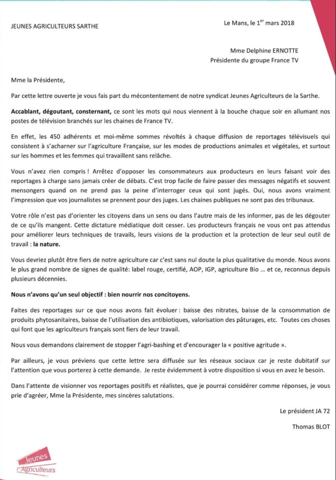 AEGRW's tweet photo. Contre l'agri-bashing : Lettre ouverte des @JASarthe  à @DelphineErnotte (France TV). Excellente initiative à diffuser massivement @ThomasBlot72 @ChLambert_FNSEA https://t.co/PPwRcmVkn4