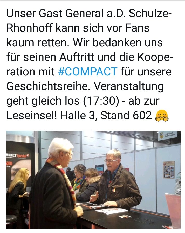 Ex_halle's tweet photo. Genau mein Humor.  Compact meldet den Ansturm auf den Stargast und bebildert das mit einem Bild von zwei! alten, grauen Männern im Gespräch #verlagegegenrechts https://t.co/2pZmcROrZX
