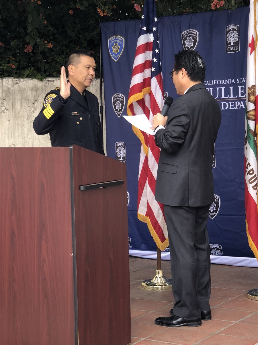 CCUPCA's tweet photo. Congratulations to Ray Aguirre who was sworn in today as the new Chief of @csufpd . Also a fond farewell to Chief Dennis DeMaio, who served our Association with dignity and grace. https://t.co/NfNHVyhrR7