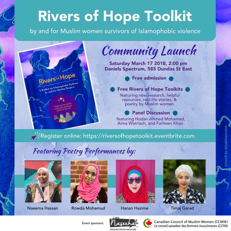 Rivers of Hope- Saturday March 17, 2018 at 2:00pm 
Daniels Spectrum Community Centre (585 Dundas Street East) @CCMWtoronto @sosspeace 

Register: riversofhopetoolkit.eventbrite.com
