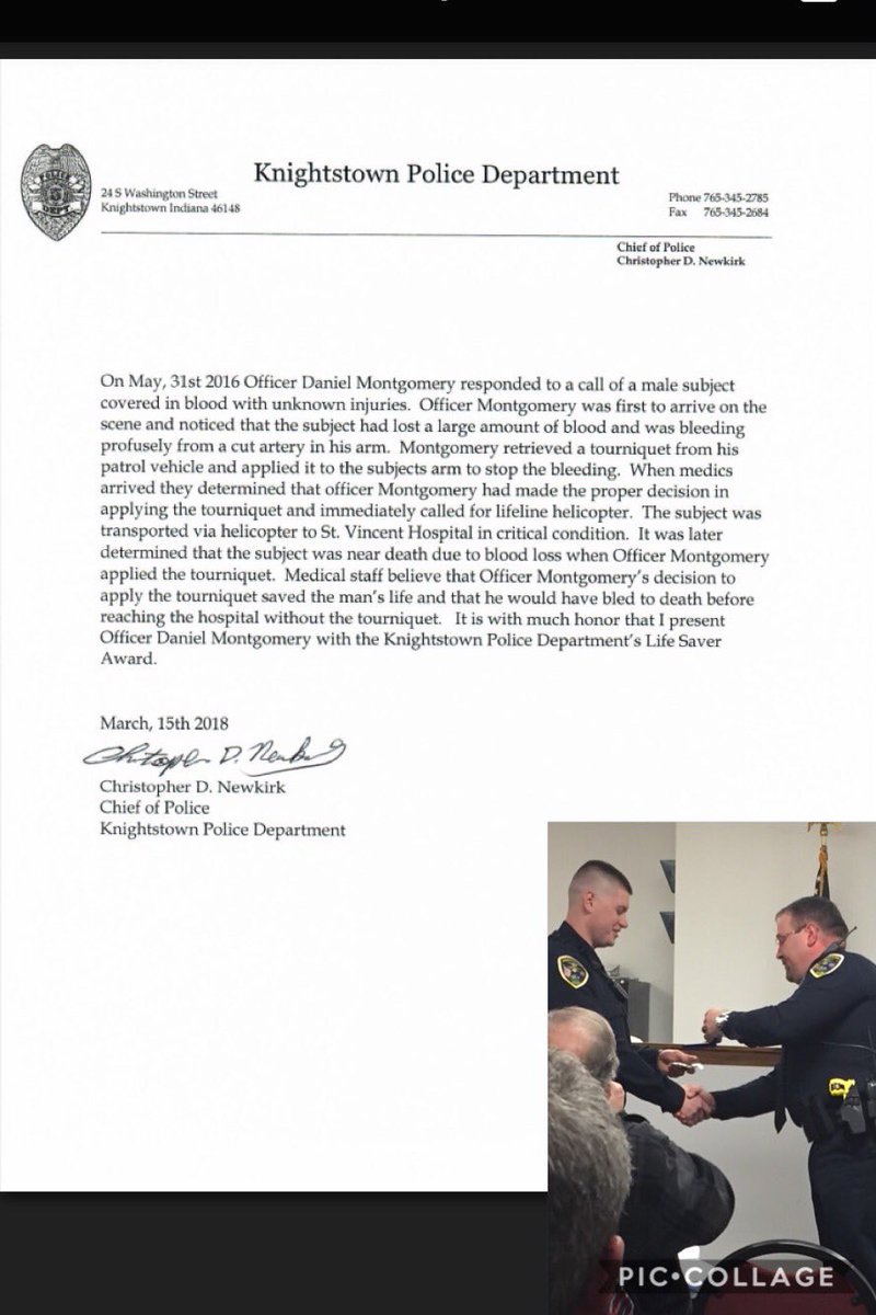 Last night at the Knightstown Council Meeting, Chief Chris Newkirk presented Officer Daniel Montgomery with the first ever Knightstown Police Department’s Life Saver Award. Thank you Officer Montgomery for your selfless dedication to the community of Knightstown!