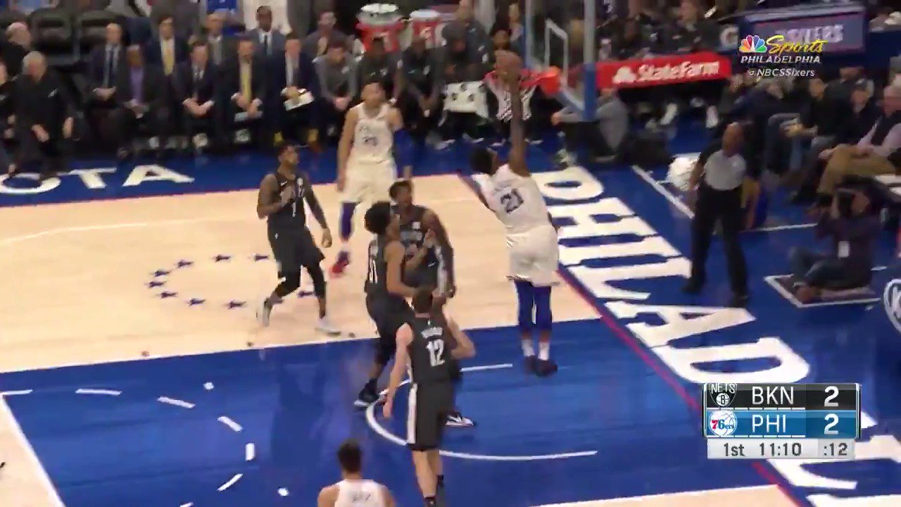 Happy Birthday Joel Embiid as he uses the pump fake to drive to the basket and slam it home 