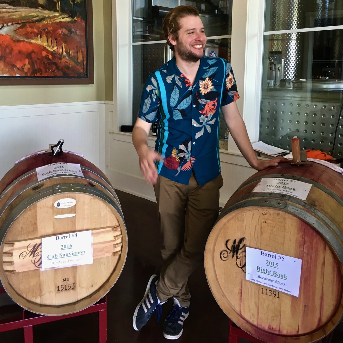 dannymangin's tweet photo. Last week's @TheWineRoad barrel tasting stops included @Merriamwines. Sipped Cabs, etc., in the tasting room and winery, in the latter with upbeat winemaker Jonathan Bomberg. Summertime patio shot and pano of Windacre Vineyard (good Cab Sauv + Cab Franc from here), both 2016. https://t.co/MyQLlthJLL