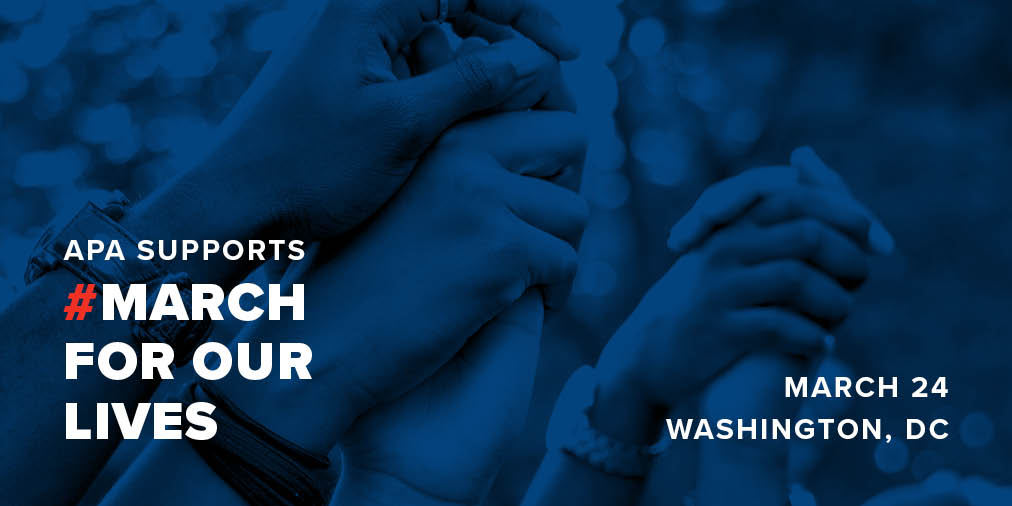 APAPublicInt's tweet photo. Join @APA at the #MarchForOurLives. 

We support a public health approach to the #gunviolence epidemic based in evidence.

Learn how you can get involved: https://t.co/qyhC0vULmR https://t.co/eahbsHG5Tk