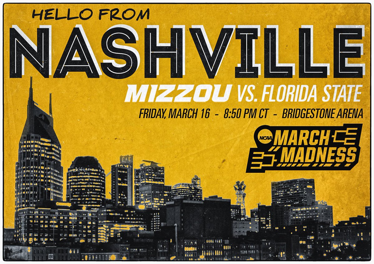 MizzouHoops's tweet image. Hello from... Nashville. 🏙️ 

🔗 #MarchMadness 
🔎 8️⃣ #Mizzou vs. 9️⃣ FSU 
🕘 9 PM CT (approx.) 
📺 TBS 
📱 ncaa.com/march-madness-… 
📻 Tiger Radio Network 

#MIZ 🐯🏀