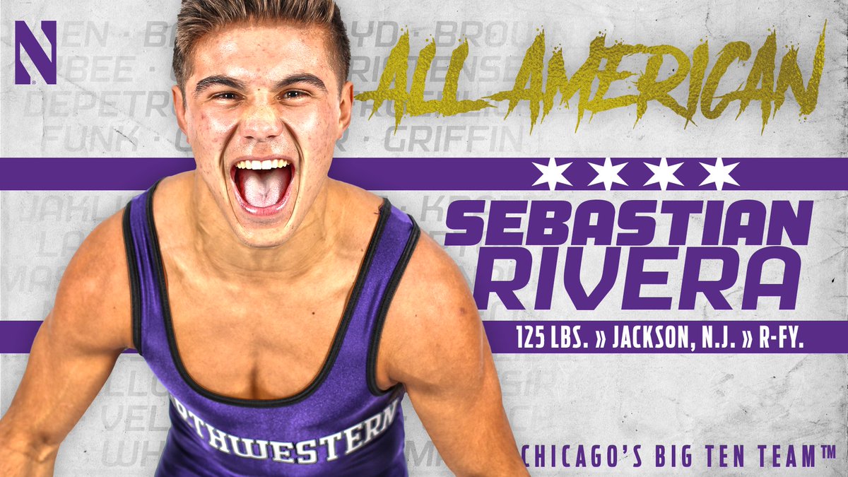 NUWrestle's tweet photo. 125 | HISTORY MADE!

@Cbass_Rivera becomes the 68th All-American in #B1GCats history with his 8-0 defeat of Louie Hayes!

#NCAAWrestling https://t.co/R1nZPAJnad